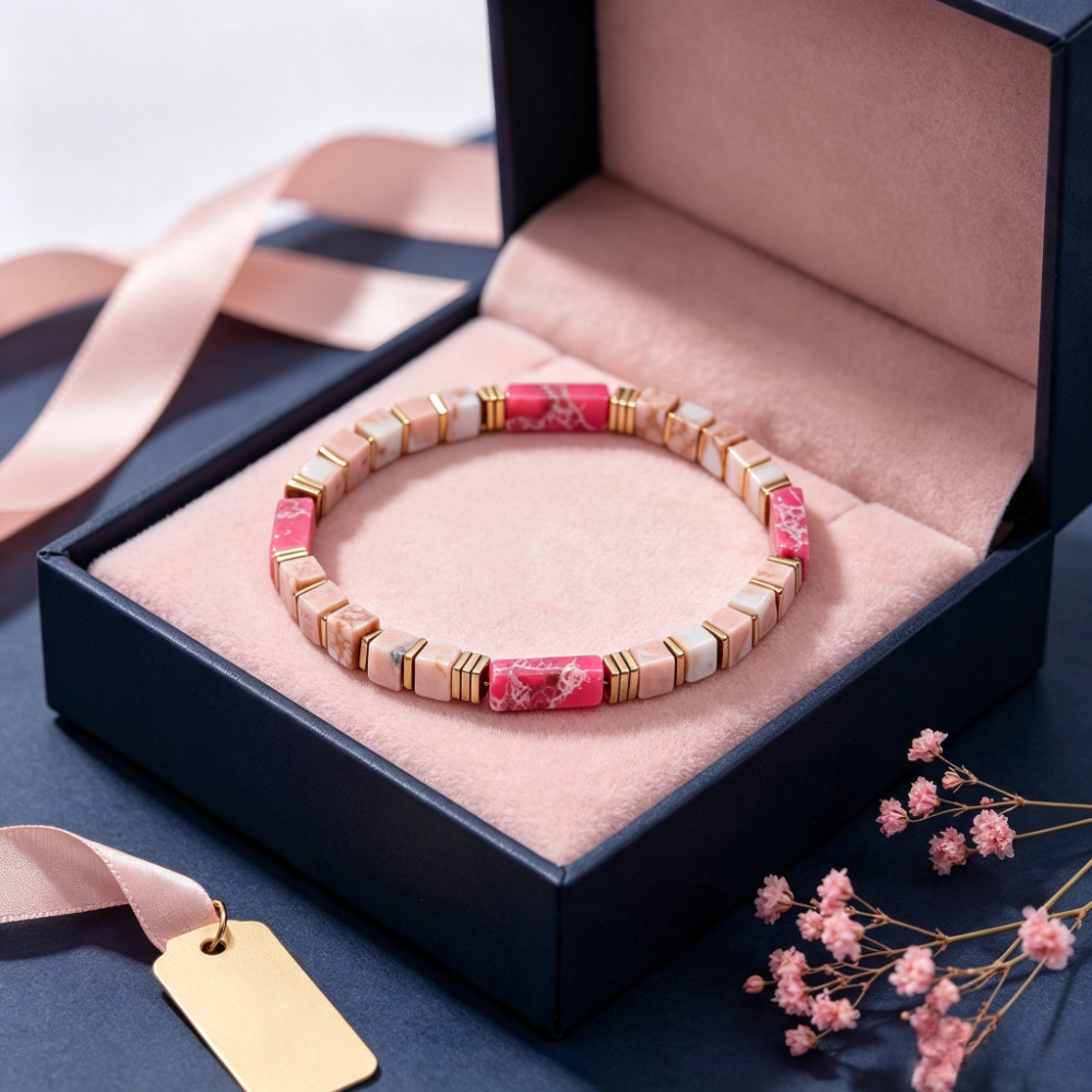 Square Beaded Bracelet of Natural Pink Imperial Stone